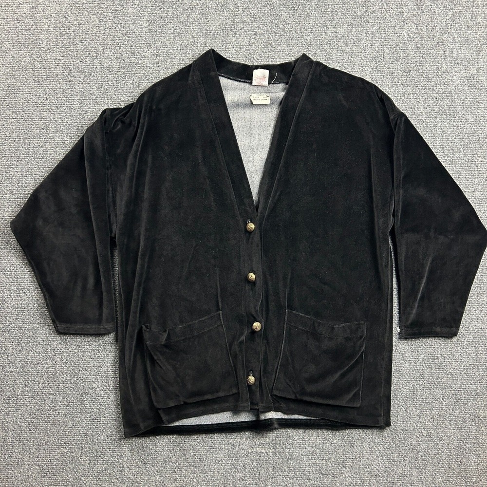 Noir Cardigan Womens 36/38 Black Velvet Pockets V-Neck Cotton Blend France Made